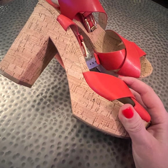 Michael Kors Orange Red Sandals with Cork Heels | Size 10 - Picture 2 of 4